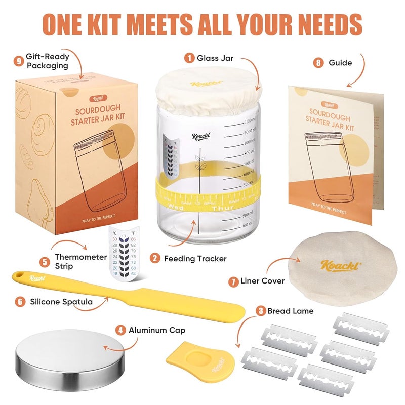 Koackl Sourdough Starter Jar, 40oz Sourdough Starter Kit with Magnetic Bread Lame, Thermometer, Long Scraper, Cloth Cover & Lid for Sourdough Bread Baking Supplies, Yellow - Image 2